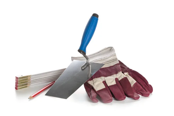 Trowel Working Gloves Ruler Pencil White Background Home Construction Renovation — Stock Photo, Image