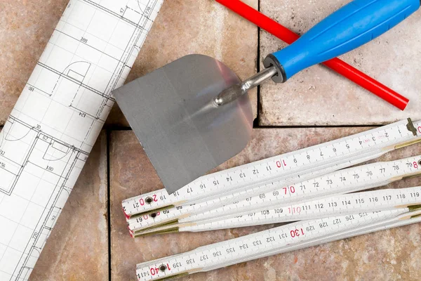 Trowel Folding Rule Construction Blueprint Pencil Bricks Home Construction Renovation — Stock Photo, Image