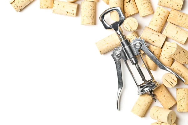 Heap Unused New Brown Natural Wine Corks Corkscrew White Background — Stock Photo, Image