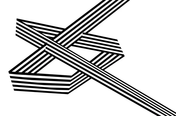 抽象的な黒と白のストライプ ホワイト バック グラウンドに分離された曲がったリボン幾何学的形状 — ストック写真