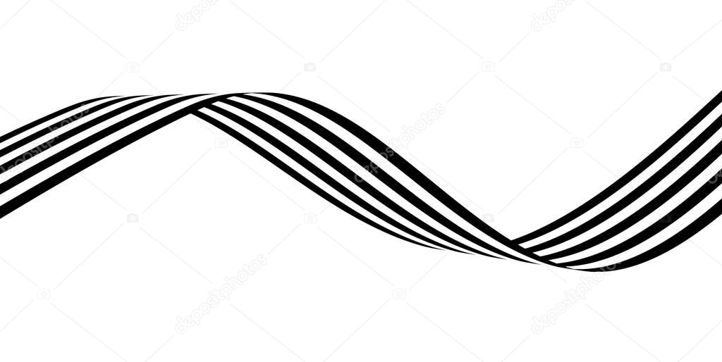 Abstract black and white stripes smoothly bent ribbon geometrical shape isolated on white background