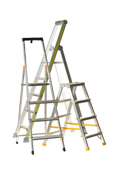 Three Aluminum Folding Metal Step Ladders Isolated White Background — Stock Photo, Image