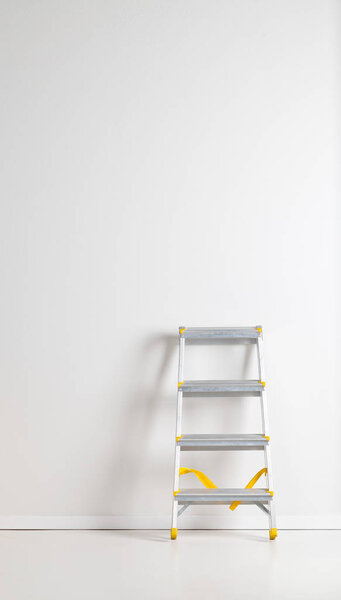 Single aluminum folding metal step ladder leaning against white plaster wall background