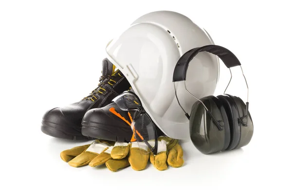 Arbeidsmiddelen Veiligheid Bescherming Beschermende Schoenen Veiligheidsbril Handschoenen Gehoorbescherming Witte Achtergrond — Stockfoto