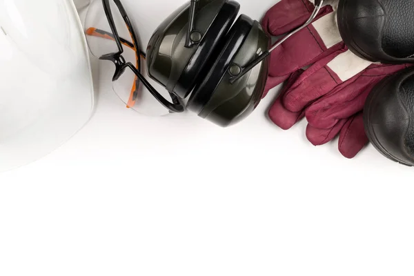 Arbetsutrustning Säkerhet Och Skydd Skyddsskor Skyddsglasögon Handskar Och Hörselskydd Över — Stockfoto