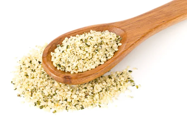 Heap Raw Organic Hemp Seeds Wooden Spoon White Background — Stock Photo, Image