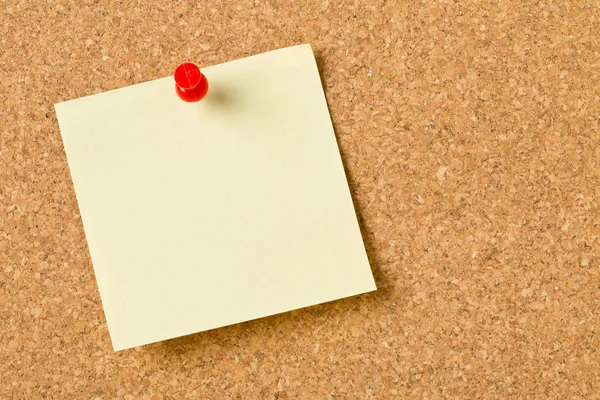 Empty Yellow Sticky Paper Memo Note Red Pin Cork Board — Stock Photo, Image