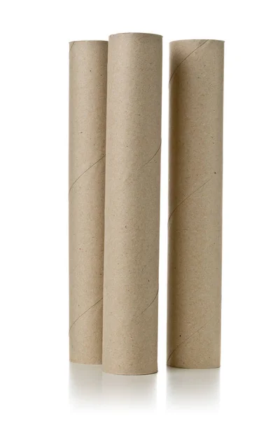 Drei Leere Gebrauchte Braune Papprollen Auf Weißem Hintergrund — Stockfoto