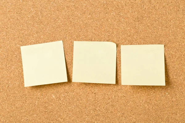 Three Empty Yellow Sticky Paper Memo Notes Cork Board Copy — Stock Photo, Image