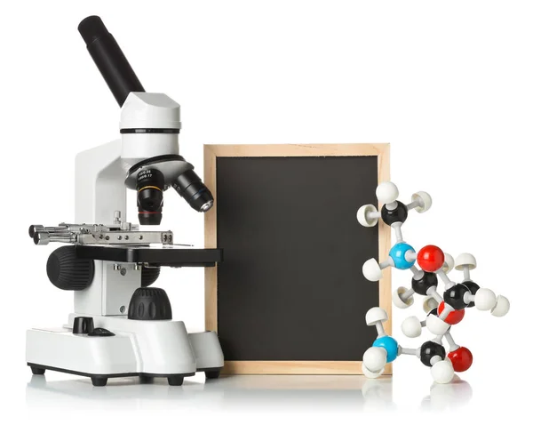 Blank Empty Black Chalkboard Microscope Molecule Model White Background Science — Stock Photo, Image