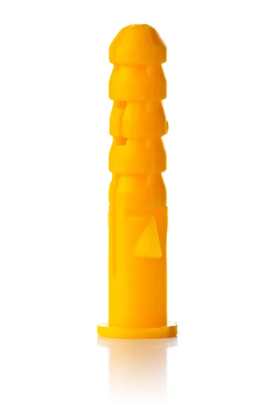 Jediné Nové Nepoužité Žluté Plastové Hmoždinky Hmoždinka Nad Bílým Pozadím — Stock fotografie
