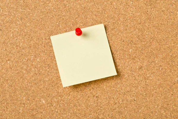 Empty Yellow Sticky Paper Memo Note Red Pin Cork Board — Stock Photo, Image