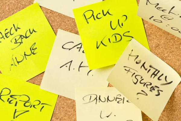 Cork Memo Board Covered Sticky Notes Different Appointments Worked Too — Stock Photo, Image
