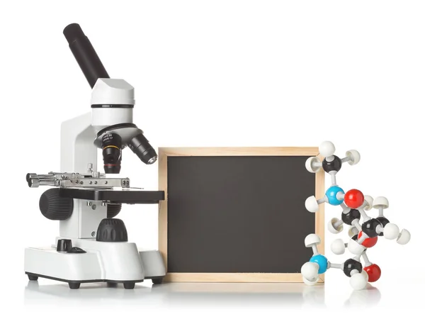 Blank Empty Black Chalkboard Microscope Molecule Model White Background Science — Stock Photo, Image