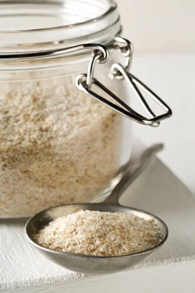 Psyllium Husk Halom Néven Isabgol Fém Kanál Pohár Jar Fehér — Stock Fotó