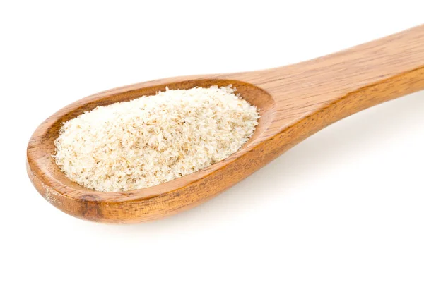 Tas Psyllium Écorce Dans Une Cuillère Bois Sur Fond Blanc — Photo