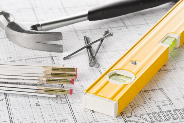 Construction Tools Hammer Nails Folding Rule Level Architectural Blueprint Plan — Stock Photo, Image