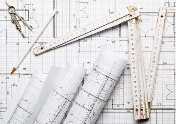 Rolls Architectural Blueprint House Building Plans Blueprint Background Folding Rule — Fotografia de Stock