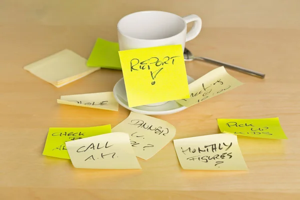 Coffee Cup Covered Sticky Notes Different Appointments Brown Wooden Desk — Stock Photo, Image