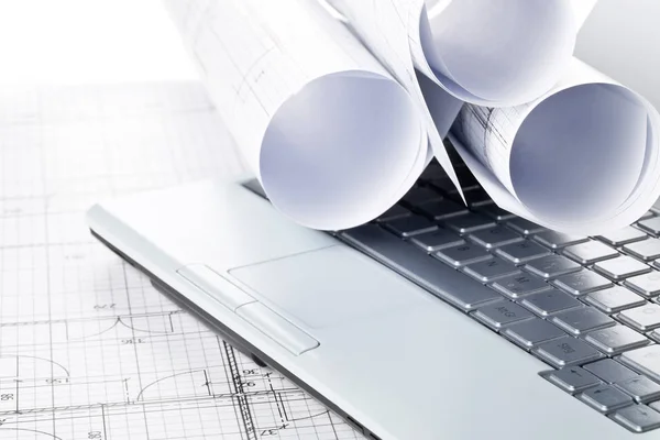 Rolls Architectural Blueprint House Building Plans Laptop Computer Keyboard Blueprint — Stock Photo, Image