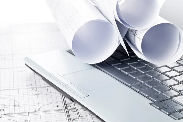 Rolls Architectural Blueprint House Building Plans Laptop Computer Keyboard Blueprint Royalty Free Stock Images