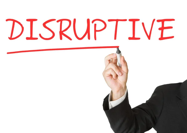 "Disruptive "escrito no quadro branco pelo empresário com marcador — Fotografia de Stock