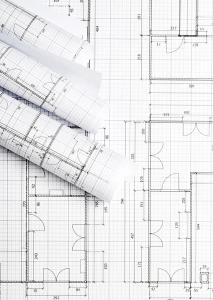 在 bluepri 上的建筑蓝图房屋建筑计划卷 — 图库照片