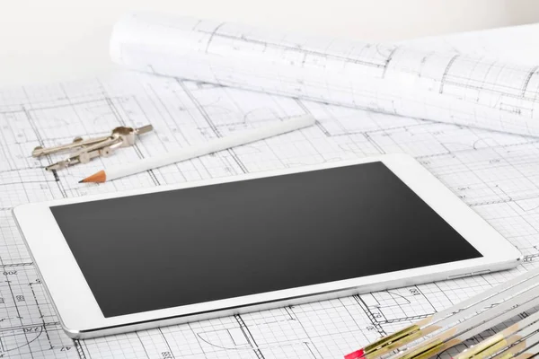 Tablet pc architectural blueprint house building plan — Stock Photo, Image
