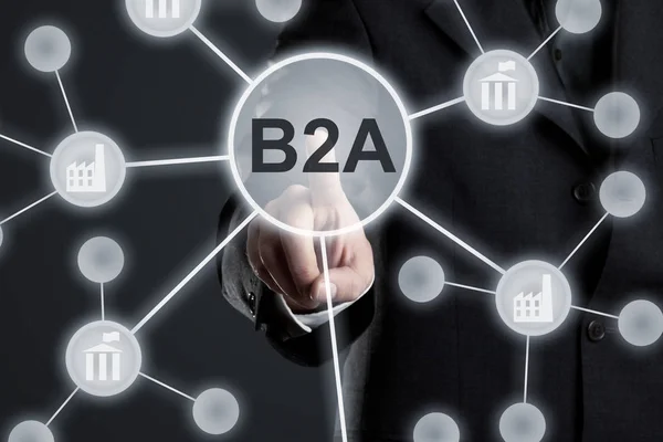 Ügyvezető üzletember öltöny megható B2a gomb hálózati szellemes — Stock Fotó