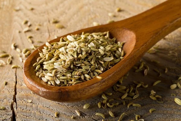 Dried fennel seeds in wooden spoon on brown wood board backgroun — Stock Photo, Image