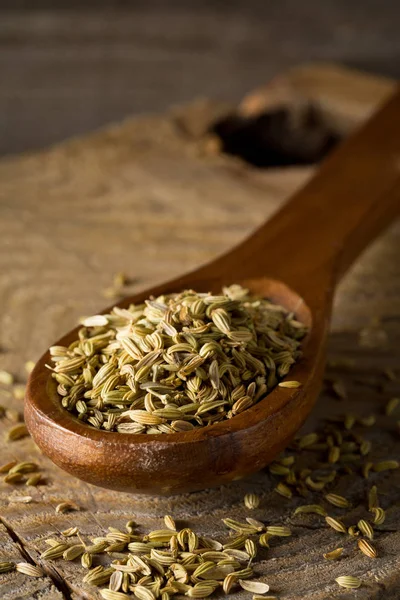 Dried fennel seeds in wooden spoon on brown wood board backgroun — Stock Photo, Image