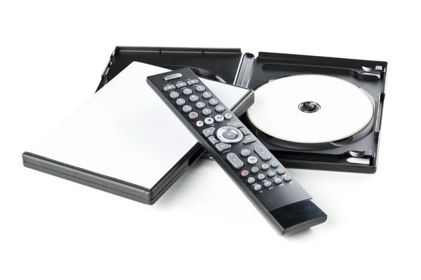 Dvd, cd-rom oder blu-ray disc mit tv oder disc player remote contro — Stockfoto