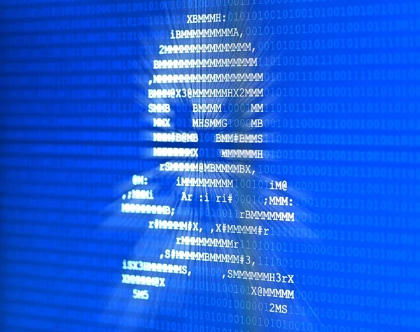 Skull with bones made from letters on blue binary code overlay b — Stock Photo, Image