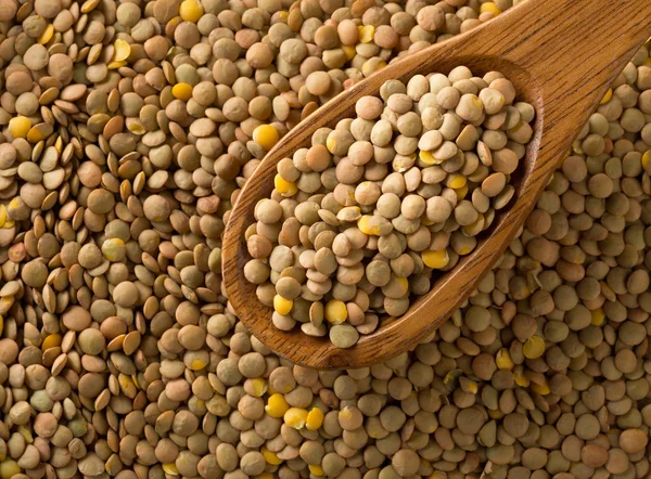 Leguminosas de lentilha marrom cruas, secas e não cozidas em colher de madeira em lenti — Fotografia de Stock