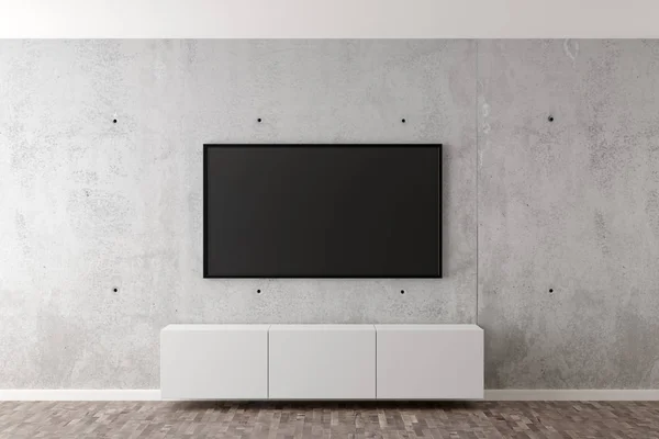 Flat smart tv panel on concrete wall with white sideboard