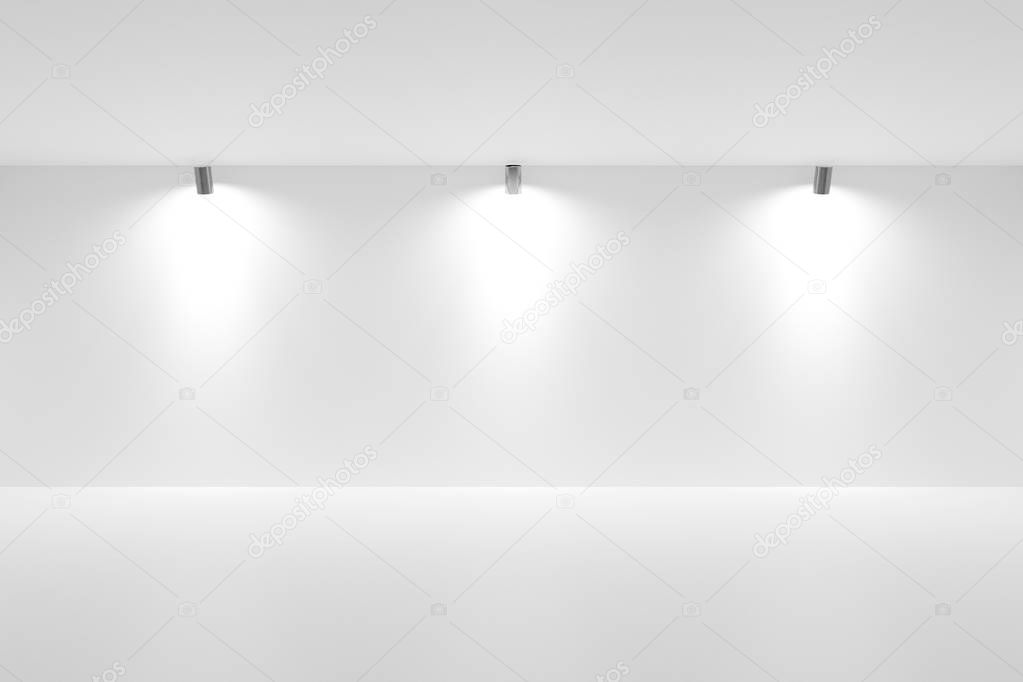 Empty white room with spotlights on the back wall