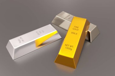 Altın, gümüş ve platin külçe veya çubuklar yığılmış