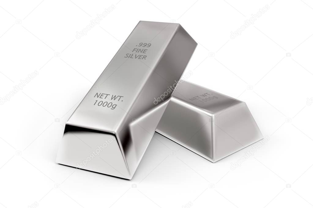 Two silver ingots or bars over white background