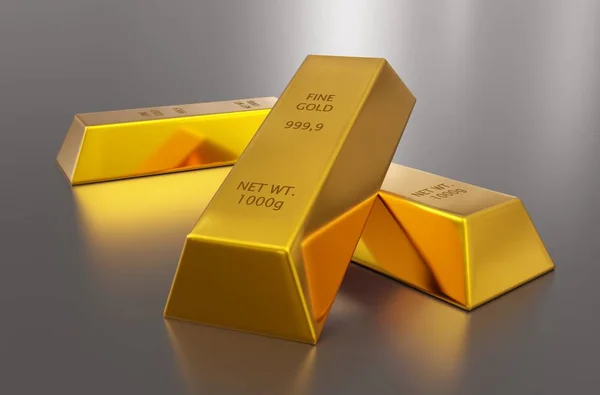 Three gold ingots or bars over silver metallic background