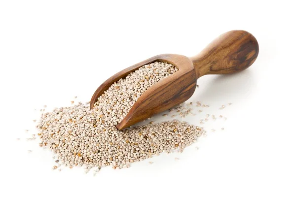 White whole, organic chia seeds heap in brown wooden scoop — Stock Photo, Image