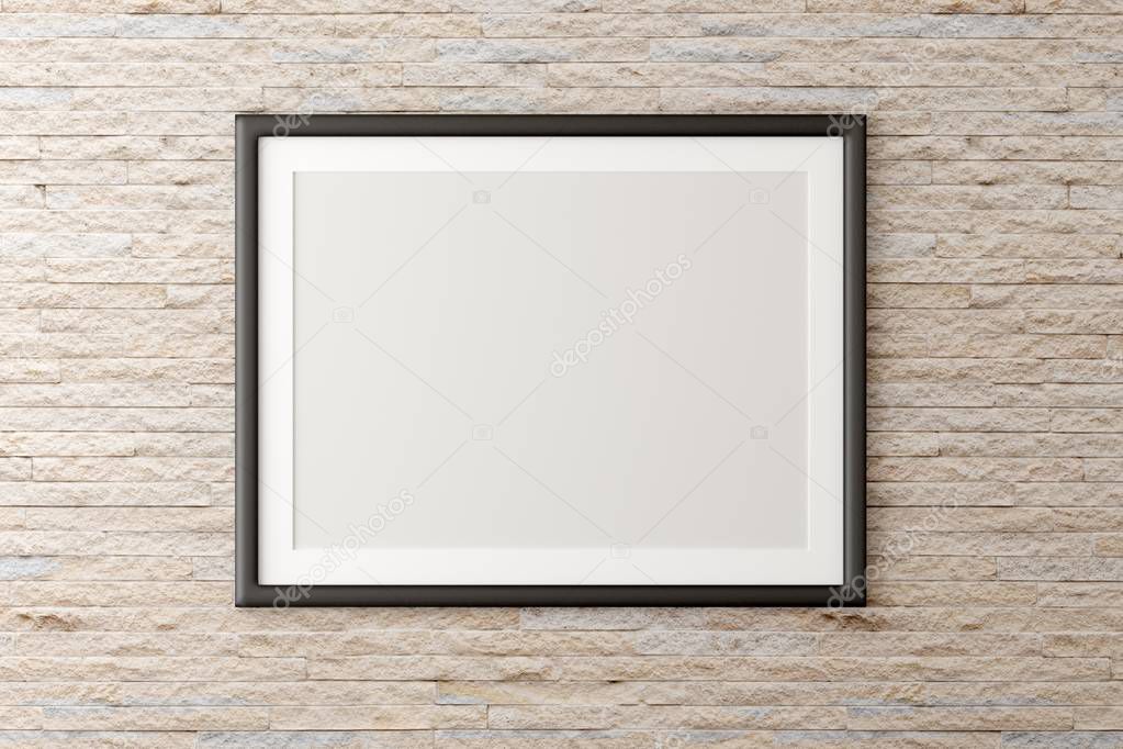 Empty picture frame hanging on brick stone wall with copy space 