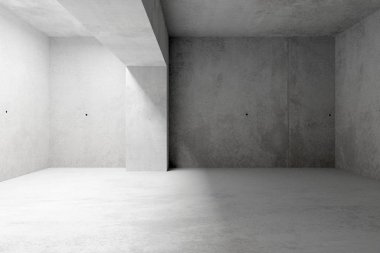 Gökyüzü ışığı ve sütunlu soyut boş, modern beton oda