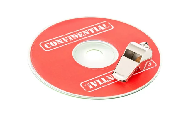 Chrome whistle on CD or DVD with confidential top secret data - whistleblower concept — Stock Photo, Image