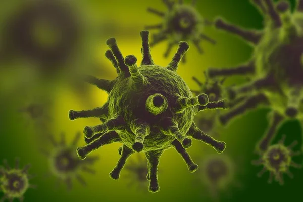 Μικροσκοπική μακροσκοπική άποψη του ιού σε πράσινο υγρό — Φωτογραφία Αρχείου