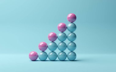 Mavi arkaplanda yükselen mavi kürelerin çizelgesi üzerinde pembe küreler, soyut modern asgari başarı, büyüme, ilerleme veya başarı konsepti, 3D illüstrasyon