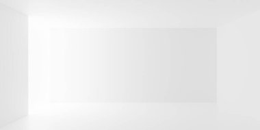 Boş, soyut, soldan ışık alan modern beyaz duvar odası - galeri, ürün veya modern iç mekan şablonu, 3 boyutlu illüstrasyon