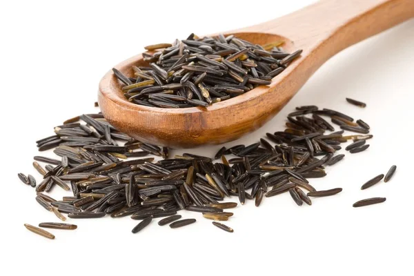Heap Uncooked Raw Black Wild Rice Grains Wooden Spoon White — Stock Photo, Image