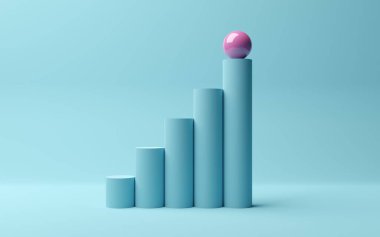 Mavi arkaplanda yükselen çubuk silindir grafiği üzerine pembe küre, soyut modern asgari başarı, büyüme, ilerleme veya başarı konsepti, 3D illüstrasyon