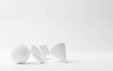 Beyaz geometrik ilkel, küre, koni, küp ve torus beyaz arkaplan, modern minimal şablon konsepti, 3D illüstrasyon