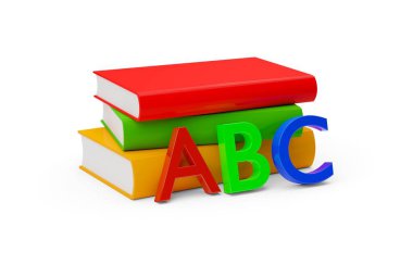 Önünde A, B ve C harfleri, okuma ya da eğitim konsepti - 3D illüstrasyon ile beyaz arkaplan üzerine yığılmış turuncu, kırmızı ve yeşil ciltli ciltli kitaplar